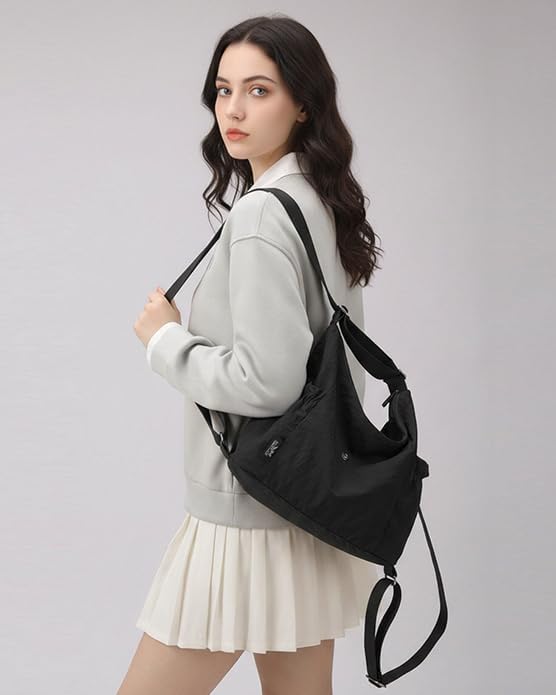 Tote Bag Convertible Backpack Purse for Women Nylon Hobo Crossbody Bag Message Bag Shoulder Handbags for Daily Work (Black)