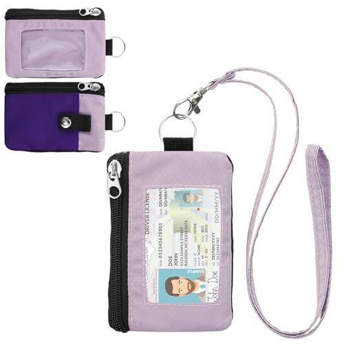 Image of Minimalist RFID Wallet with Lanyard, Multi-functional ID Case with 2 Zipper Pockets and Key Chain for Men and Women, Tactical Badge Pouch Cards Holder, Coin Purse for Travel Sports - Purple&Pink