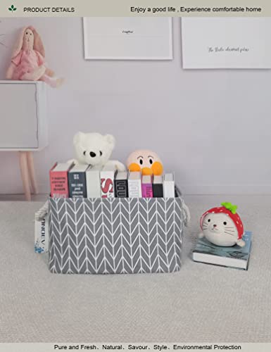 Image of Rectangular Thick Collapsible Grey Chevron Storage Bin | Sturdy Thick linen EVA fabric,soft cotton rope handles, large chevron print for bedroom, closet, bathroom supplies
