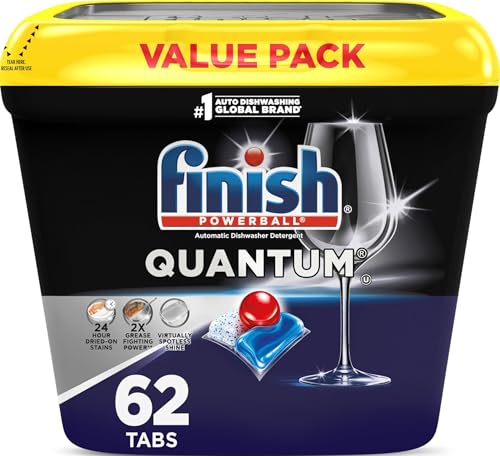 Finish Quantum Dishwasher Pods, No Pre-Rinse Dishwasher Detergent Soap Removes 24HR Dried-On Stain and Grease, Leaving a Virtually Spotless Shine, 62 Count