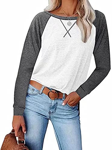 Yeehliny Langarmshirt Damen Baseball Shirt Oberteile Casual Langarm Einfarbig Rundhals Pullover Blusen Tuniken Shirt Sweatshirt Damenbluse