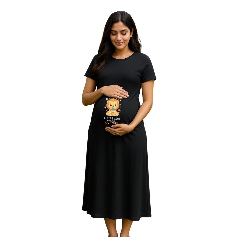 Maternity Regular Fit T Shirt Dress Cotton Half Sleeve Pregnancy Announcement Mom to Be Maternity Outfit for Photoshoot (Maternity-Little-cub)-image-46