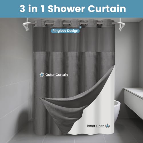 Ringless Waffle Shower Curtain with Snap in Liner Set, 71x74, Dark Grey by SORTTO - Used condition - Image 7