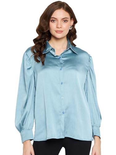 Image of Fashfun Women's Shirt Solid Blue Satin Collared Neck Puff Sleeve Shirt