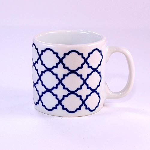 Conjunto 4 Xicaras Estampa Marroquina Branco e Azul 120ml com suporte em Madeira