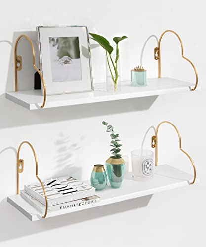 Mazjoaru 24 Inch Long Floating Shelves For Wall, White Gold Wall Storage Shelf Luxury Cute For Bathroom Nursery Kitchen Living Room With Golden Heart Brackets, Set Of 2 #TOP30