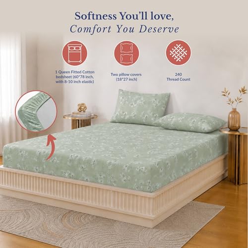 Image of Jaipur Weaves Queen Size Fitted Bedsheet Cotton with Elastic, 100% Pure Cotton Double Bed Fitted Sheet with 2 Pillow Covers, 240 TC,60x78 Inches up to 8-inch Mattress,Floral Design(Green)