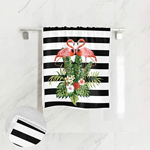 Pink Flamingo Bathroom Hand Towels - Black And White Striped Bath Hand Towel Tropical Leaves Cute Hibiscus Flowers Fingertip Towels For Guestroom Home Decor 30 X15 Inch #TOP2