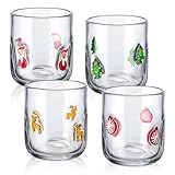 Reallnaive 4 Pcs Christmas Icon Juice Glass Cups 14 oz Christmas Tree Santa Claus Elk Xmas Balls Holiday Party Whiskey Glass for Holiday Drinkware Home Decor Lovely Gifts