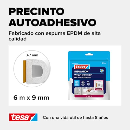 Miniatura 4 de Tesamoll Perfil D, Burlete De Caucho Autoadhesivo Para Aislar Ventanas Y Puertas Y Sellar Huecos, Blanco, 6 M X 9 Mm X 3-7 Mm
