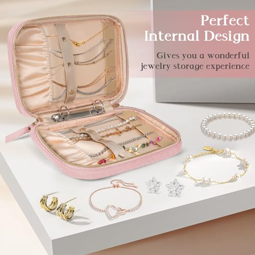 Image of Travel Jewelry Box, Small Zipper Jewelry Boxes, Portable Jewellery Storage Holder Display, Storage Ring Binder, for Rings, Earrings, Necklaces, Bracelets, Pink