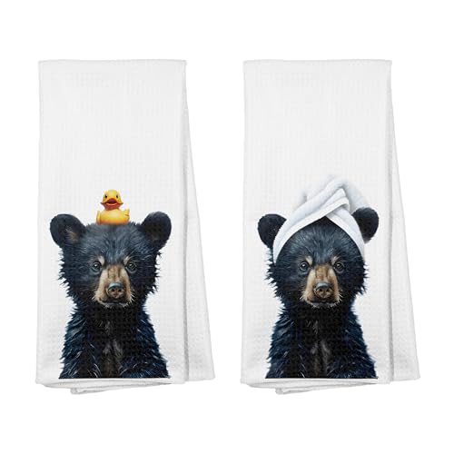 GTYNU Lot de 2 serviettes de bain amusantes en forme d'ours noir - Décoration de salle de bain - Canard en caoutchouc - Pour salle de bain, spa, gym, yoga - 40,6 x 61 cm