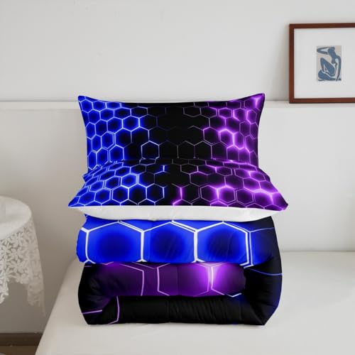 Image of Feelyou Blue Purple Honeycomb Bedding Set Fluorescent Geometric Honeycomb Comforter Set Beehive Hexagon Comforter for Boys Girls Geometric Duvet Set Queen Size Quilt 3Pcs Boys