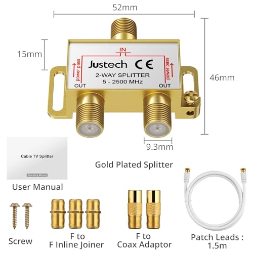 Justech TV Aerial Splitter 2 Way Gold Plated Coaxial Splitter MoCA 5-2500MHz with 1.5m Coax Cable F Plugs for Sky Box Telewest Eurovox Starview Dreambox - Image 5