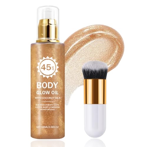 Image of Bronze Body Shimmer Oil, Shimmer Body Oil with Brush, Liquid Bo-dy Highlighter, Bodys Glow Luminiser for Face & Bodys, Spf 45 Coconut Oils Lightweight Non-sticky Bronzing Moisturizing Oil 2PCS