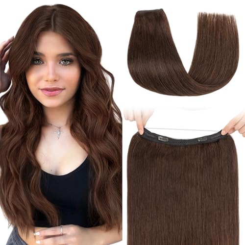 S-noilite Halo Hair Extension Invisible Wire in Real Remy Human Hair Extensions with Clips Adjustable Hidden Wire in Hair Extension for Women 12 inch Dark Brown
