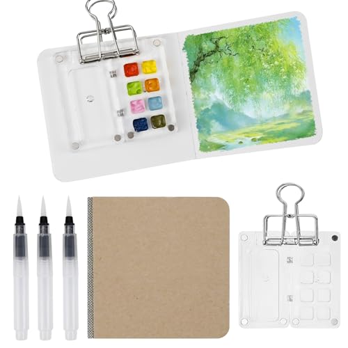 Pocket Artist Watercolor Travel Set,Mini Paint Kit Clear Acrylic Grid Paint Box 8 Grids with 3 Pieces Sketch Brush Pens,1 Binder Clips,1 Sketchbook