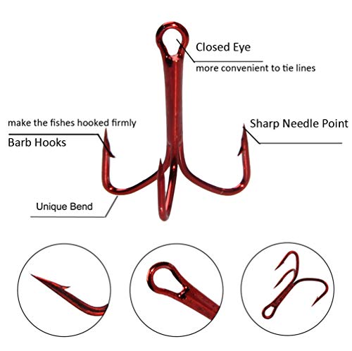 50Pcs Fishing Treble Hooks Kit - High Carbon Steel Hooks Strong Sharp Unique Bend Red Treble Fishing Hooks For Hard Bait Lures Saltwater Freshwater Fishing #TOP1
