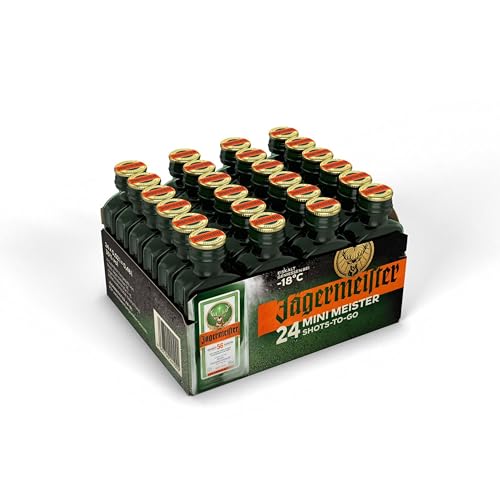 Jägermeister – 24 x 0,02l Premium Kräuterlikör Shots 35% Vol. als Party Geschenk – Aus 56 erlesenen Kräuter – Im Eichenfass gelagert – Das Original aus Wolfenbüttel