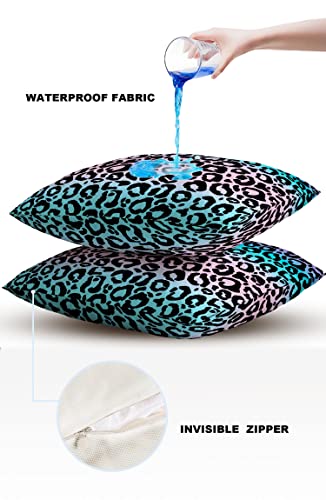 Waterproof Outdoor Throw Pillow Covers 18''X18'' Pack 2, Cheetah Blue Pink Teal Ombre Pillow Cases Cushion Cover With Hidden Zipper Leopard Fur Textured Colorful Gradient Pillowcase For Poolside Sofa #TOP3