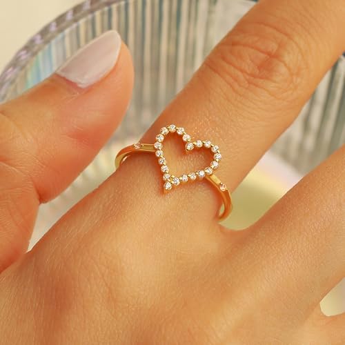 925 Sterling Silver Heart CZ Promise Ring for Women 14K Gold Plated Hollow Shiny Elegant Rings to Daughter Mother Dainty Stackable Ring 2025 Wedding Christmas Jewelry Gifts for Her Size 5-122