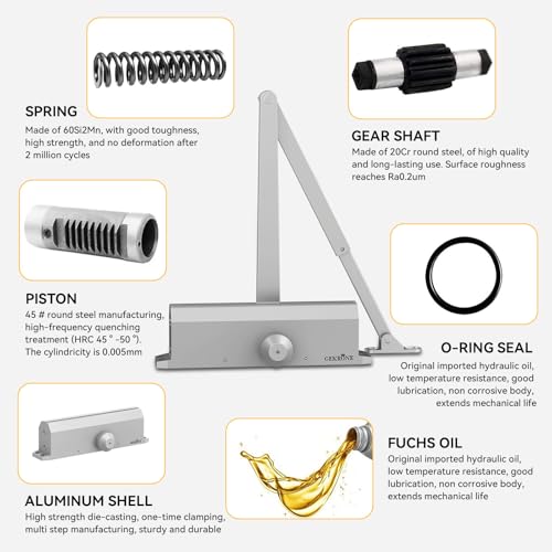 GEKRONE Automatic Door Closer Heavy Duty Hydraulic Aluminum Alloy Surface Mounted Home Door Closer Commerical UL 3-Hour Fire Rating ANSI Grade 1 Adjustable Speed Spring Size 2-5 Door Weight 44-330 Lbs by GEKRONE - Image 3