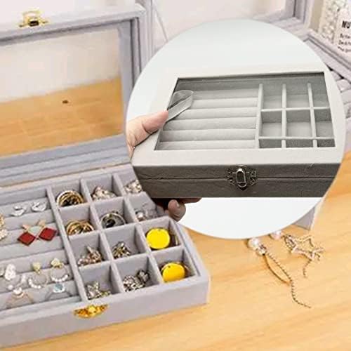 Jewellery Box Organiser 9 Grids Jewelry Storage Case, Velvet Lockable Jewellery Organiser, Removal Tray, Ring Storage Slot, Ring Jewellery Display Storage Box Tray for Rings Earrings Necklace - Grey
