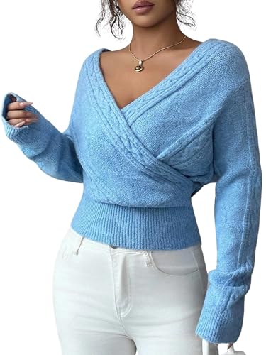 Image of ZAFUL Women's V Neck Cable Knit Sweater Long Sleeve Ribbed Crop Tops Wrap Surplice Solid Casual Pullover Jumper