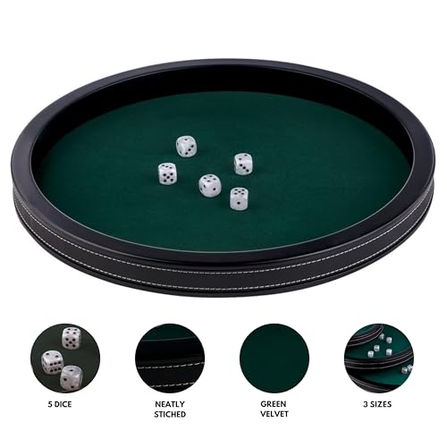 Engelhart-300802 – Poker Tisch Einsatz Rund 39,8 cm Deluxe – Schwarzes Kunstleder – Grünes Filz Inlay – Hohe Ränder – 5 Würfel Inklusive – Würfelspiel Zubehör