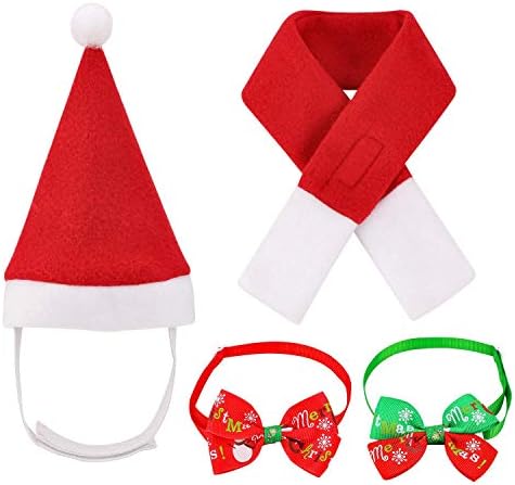 OumersPet Christmas Costumes, 4pcs Christmas Pet Hat Scarf Collar Bow Tie for Cats and Small Dogs Cosplay Christmas Costumes New Year Dressing up Party Fancy Dress Clothes