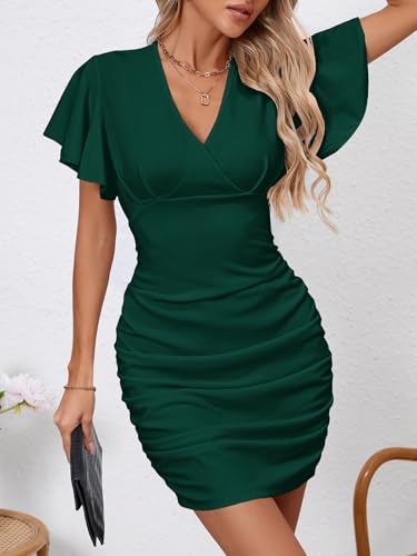 Image of Women's Sexy V Neck Ruffle Sleeve Bodycon Mini Cocktail Party Dress Casual Short Sleeve Work Dress