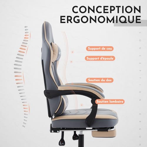 WOTSTA Krzesło do gier wyścigowych, wysuwany podnóżek, fotel gamingowy z masażem lędźwiowym, wygodny, ergonomiczny fotel biurowy, odchylane oparcie 135°, obciążenie 120 kg