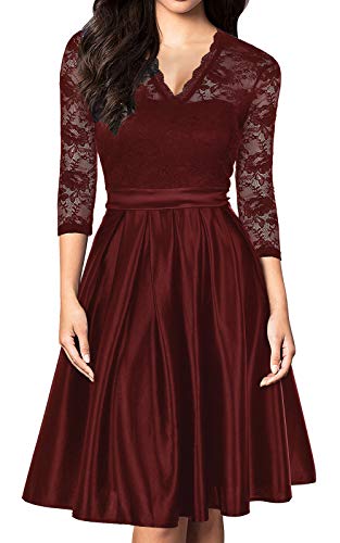 Mmondschein Women Vintage 1930s Style 3/4 Sleeve Black Lace A-line Party Dress DarkRed S