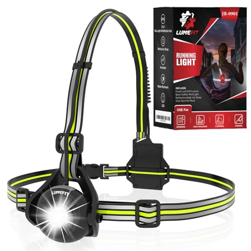 LUMEFIT Run Light Running Lights for Runners Chest LED Lamp 120 Adjustable Beam Angle 500 Lumen 360 Degree Reflective Band USB Rechargeable Front Body Torch Jogging Hiking
