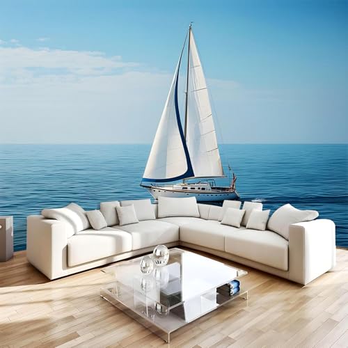 Mural de pared decorativo 366x 254(WxH) Blanco Velero Decorativos Pared Papel Pintado no tejido Vista Al Mar para pared destacada de dormitorio, salón y fondo de TV 1M1114