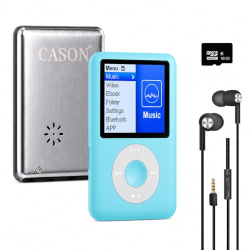 Image of Cason 16GB Mini MP3 Music Player with Bluetooth & Voice Control Earphones, Video Playback,Pocket-Sized MP3 Player for Music,Voice Recording,FM Radio,E-Book Reader -Expanded Up to 128GB (Blue)
