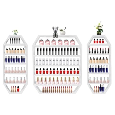 ATOLOMOTOR Wall-Mounted Nail Polish Storage Racks,Multi-Tiers Metal Octagonal Cosmetic Display Rack,Essential Oil and Perfume Bottle Holder,Wall Shelf Organizers for Home Spa Nail Salon Shop (White) Cover