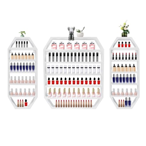 LIAIZE 3 juegos de estantes de metal para esmalte de uñas, 6 niveles, octogonal, soporte multifuncional para esmalte de uñas, organizador de maquillaje, soporte para pintalabios, expositor (blanco)