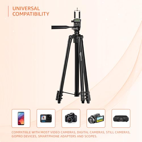 Amazon Basics Lightweight Aluminium Tripod Phone Holder | 3-Way Pan | Height Adjustable (36-111 cm) | For Phones, Cameras, Ring Lights, Reflectors, Umbrellas & Flashlights | Includes Carry Bag | Black