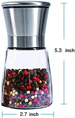 Salt and Pepper Mill Set with Stainless Stand, Adjustable Coarseness Refillable Salt and Pepper Grinder Set of 2, Ceramic Grinding Core and Durable Glass