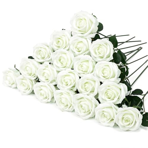 saerryor 20 Pcs White Artificial Flowers Fake Artificial Roses Silk Flowers with Stem for DIY Wedding Party Bouquet Centerpieces Arrangements Home Tables Garden Decorations
