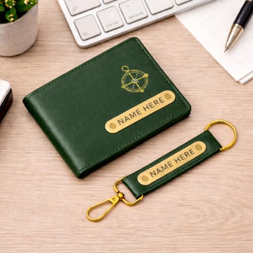 Image of Premium Customized Wallet & Keychain Combo for Men - Stylish Faux Leather Gift Set with Personalized Name & Charm - Ideal Birthday, Anniversary & Festival Present (Green)
