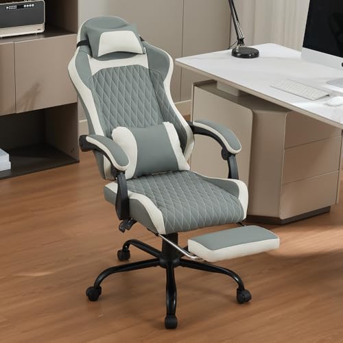 I0I&I0I Silla ergonómica para videojuegos con reposapiés, soporte lumbar y cojín cervical para oficina en casa, oficina, juegos y transmisiones en vivo (verde oscuro + PVC + ABS+acero (Q235) + madera