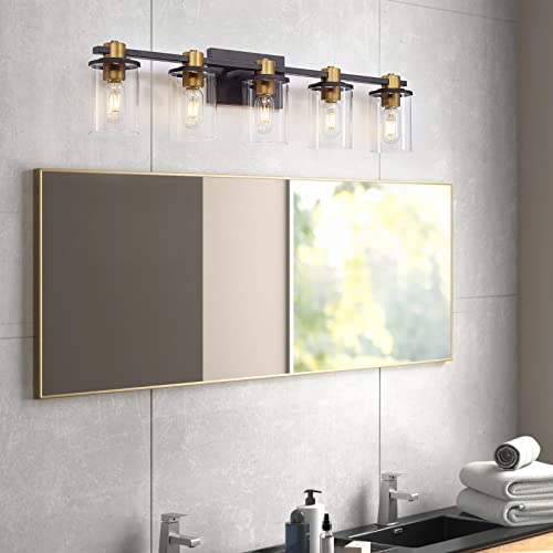 5 Light Bathroom Vanity Light, Black and Gold Bathroom Light Fixtures, Sconces Wall Lighting with Clear Glass Shade, Modern Brushed Gold Vanity Lighting fixtures for Bathroom, Bedroom, Hallway by stambord - Image 3