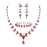 Ever Faith Austrian Crystal Bridal Bridesmaid Jewelry Sets, Elegant Marquise Rhinestone Leaf Necklace Dangle Earrings Tennis Bracelet Set Red Silver-Tone