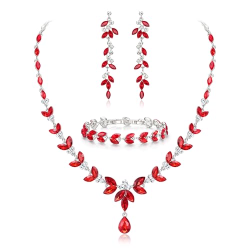 EVER FAITH Schmuckset Österreichisches Kristall Braut Schmuck-Set, Elegante Marquise Strass Blatt Halskette mit baumelnden Ohrringen Tennis-Armband-Set, Rot Silber-Tone