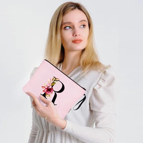 Image of Vavabox A-Z Personalized Makeup Bag, Birthday Gifts for Women Mom, Gifts for Best Friend, Bride Bridesmaid Cosmetic bag (R, 06-Pink)