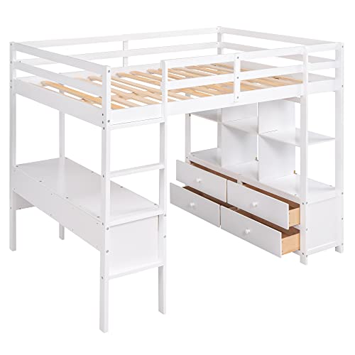 Quarte Multifunctional Loft Bed Full Size Loft Bed Solid Wood Loft Bed With Built-In Desk And Two Drawers,Storage Shelves,Guardrail And Built In Ladder,For Kids,Teens,Adults (White#L) #TOP5