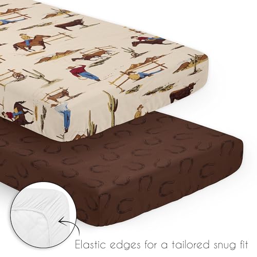 Image of Sweet Jojo Designs Brown Western Cowboy Boy Baby Mini Crib Bedding Set Infant Nursery Room Newborn Blanket Portable Pack n Play Sheets 3p Wild West Horseshoe Southern Charm Country Horse Cow Animal