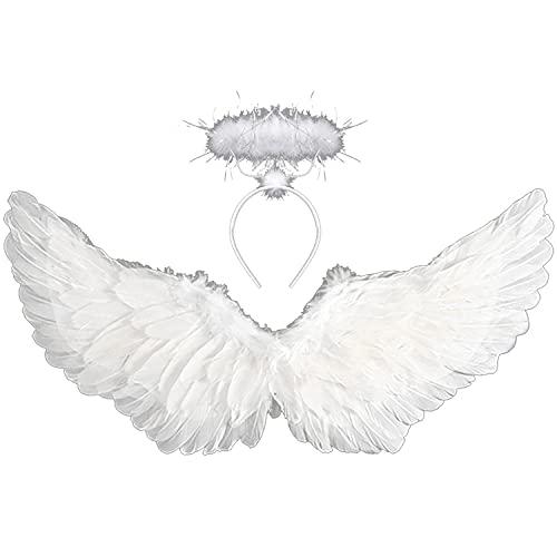 KROMPG Angel Wings and Halo Angel Costume for Kids Wings for Halloween (White, Small)